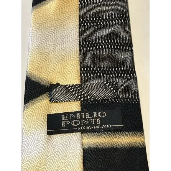 Emilio Ponti 100% Silk Handmade Tie  Black & Gold Abstract Design Preowned - Picture 2 of 5